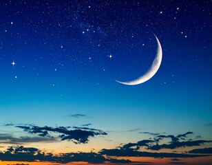 Serene Crescent Moon and Starry Night Sky: Twilight Hues, Peaceful Atmosphere, Dreamy Celestial Landscape.