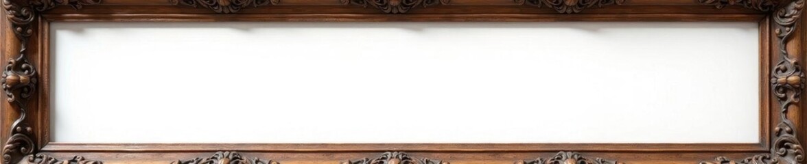 Aged ornate wooden picture frame, missing canvas Clean white backdrop , empty frame, border