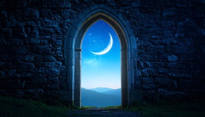 Mystical Crescent Moon Night Scene: Gothic Archway, Starry Sky, Serene Landscape, Dreamlike Atmosphere, Tranquil Nighttime View.
