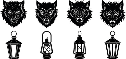 Silhouette Design Set of Wolves and Lanterns © Nazmul
