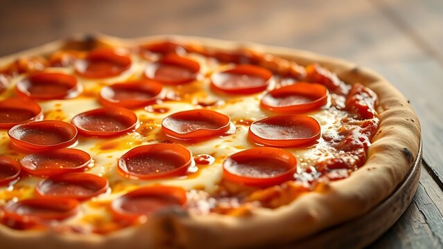 Close-up of a pepperoni pizza with melted cheese, showcasing appetizing details.