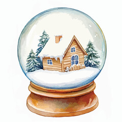 Watercolor Snow Globe with a Cozy Wooden Cabin
