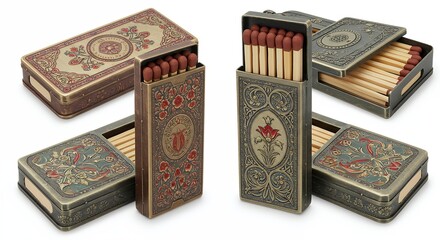 Vintage matchboxes with intricate designs