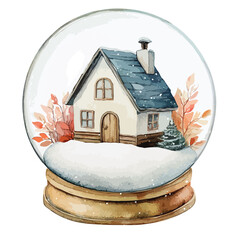 Watercolor Snow Globe with Cozy Winter Cottage