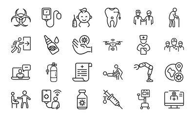 24 Medical and Healthcare Line Icons Hospital, Doctor, Patient Care, Emergency, Surgery, Pharmacy, Vaccination, Telemedicine, First Aid, and Medical Equipment Vector Icon Bundle