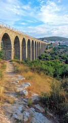 Ancient aqueduct in green countryside field
