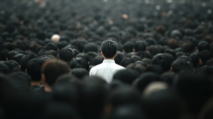 Obraz premium Man in White Shirt Standing Out in a Crowd of Black Shirts: The Chosen Concept for Job Seekers and Employees