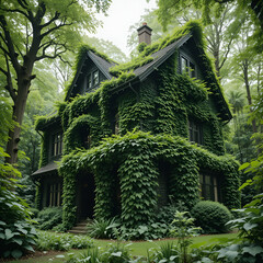 Fototapeta premium Lush green vines have completely enveloped the house, allowing it to blend in flawlessly with the surrounding trees and foliage in its natural habitat