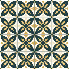 Fototapeta premium Teal gold floral art deco seamless stylized botanical pattern