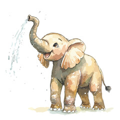 Watercolor Style Elephant Sprays Water from Trunk with Joyful Expression