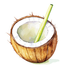 Watercolor Style Half Coconut with a Green Straw Tropical Drink Illustration