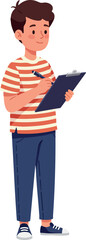 Fototapeta premium Boy writing on clipboard with striped shirt and blue pants vector illustration 