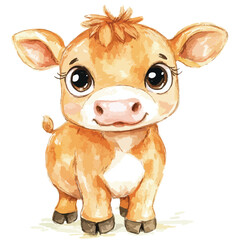 Watercolor Style Illustration of a Cute Golden Calf with Large Eyes