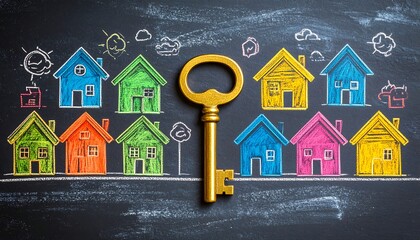 Gold key among colorful chalk house drawings on a blackboard