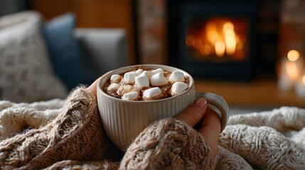 Cozy Warm Drink with Marshmallows in a Sweater by the Fireplace in a Homely Interior