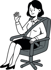 Woman sitting on office chair waving hand in simple black and white vector illustration