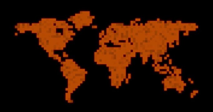 Animated design of an orange pixelated world map on a black background where the pixels keep changing