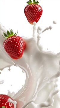 Juicy strawberry in milk splash, representing vitality, nutrition, and healthy eating, ideal for drinks, breakfast concepts, and food advertising.