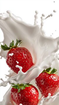 Close-up of strawberry in creamy white milk splash, perfect for beverage marketing, dairy industry visuals, and fresh fruit lifestyle projects.