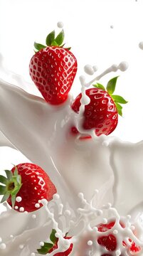 Red strawberry surrounded by milk splash, symbolizing vitamins, energy, and natural sweetness, ideal for yogurt, drinks, and healthy food content.