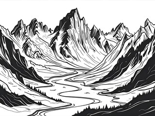 Majestic mountain range with winding river in a black and white landscape