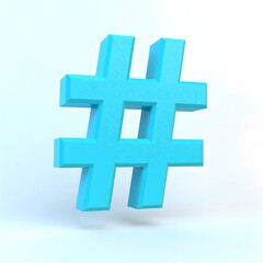 3d hashtag symbol in bold shape and light blue tone, floating style.