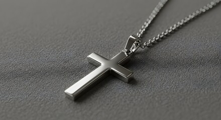 Silver Cross Pendant Necklace on Gray Background