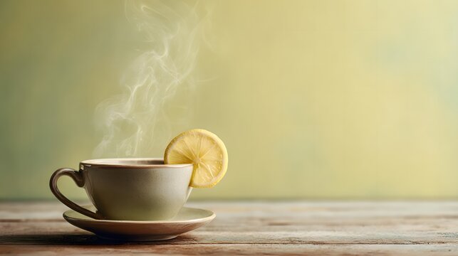 Steaming Cup of Tea with Lemon Slice on Wooden Table Background