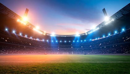 Dramatic Night Soccer Stadium: Full Crowd, Bright Lights, Sunset Sky, Epic Atmosphere, Ready for Action.