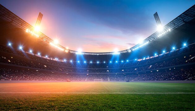Dramatic Night Soccer Stadium:  Full Crowd, Bright Lights,  Sunset Sky, Epic Atmosphere, Ready for Action.