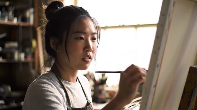 Young artis woman painting at canvas in her atelier