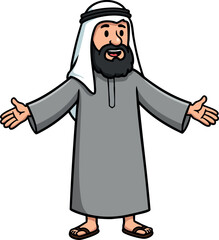 Middle Eastern man cartoon character with traditional dress and open arms welcoming gesture vector illustration 