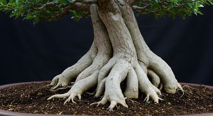 Fototapeta premium Close-up of a bonsai tree's gnarled exposed roots and trunk in a pot, highlighting natural strength and intricate artistry.