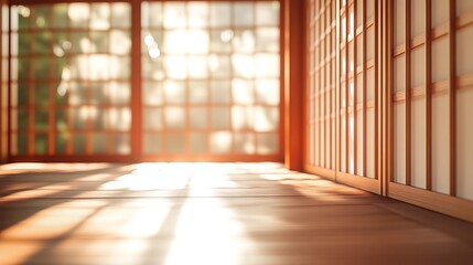 Japanese Room Interior with Sunlight Streaming Through Shoji Screen Door