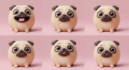 Fototapeta premium Cartoon pug dog illustrations on pink background