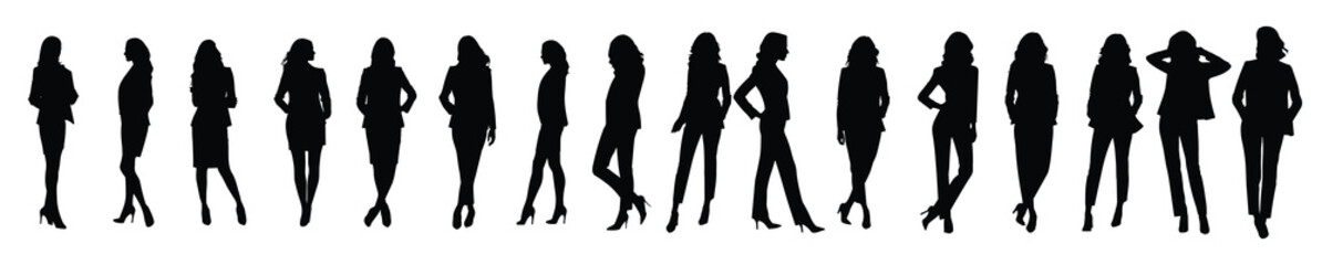 set of silhouettes of business woman standing. isolated on a transparent background. 
