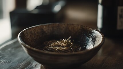 Serving Soba Noodles in a Traditional Japanese Bowl with Seaweed