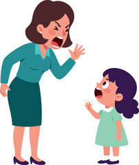 Woman angrily scolding little girl in green dress shouting vector illustration 