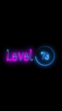 Level seventy three shines in bright neon. Smooth loop. Vertical video. Animated neon text displaying level seventy three on a dark background