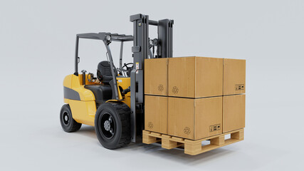 Yellow Forklift Carrying Cardboard Boxes 3D Rendering on White Background