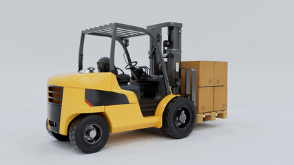 Yellow Forklift Carrying Cardboard Boxes 3D Rendering on White Background