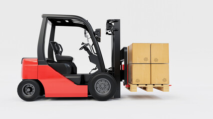 Red Forklift Carrying Cardboard Boxes 3D Rendering on White Background