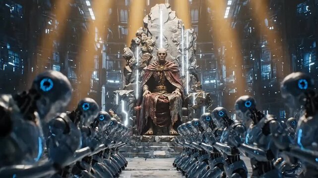 Robots kneeling, bowing to a huge man sitting on a throne.