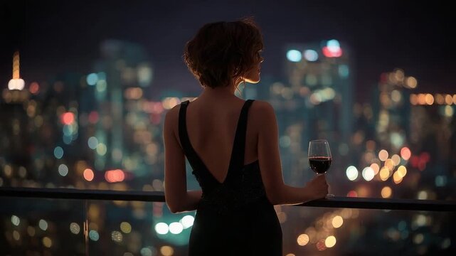 Woman overlooking city lights with wine glass