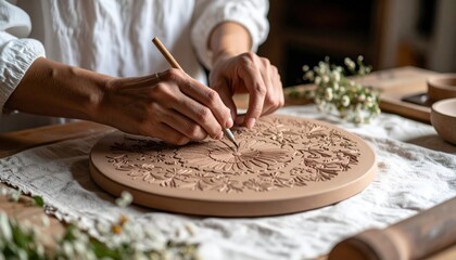 Woman Crafting Decorative Clay Plate