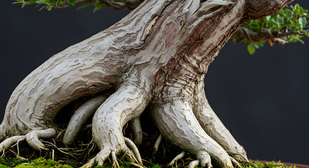 Detailed View of a Gnarled Bonsai Tree Trunk and Exposed Roots with Textured Bark