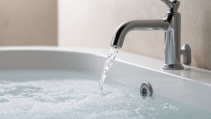 Chrome faucet filling a white bathtub with clear water image