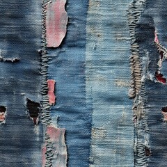 A seamless pattern of distressed, light blue denim fabric with vertical strips of frayed edges and exposed pink underlays, showcasing a worn and ripped texture.