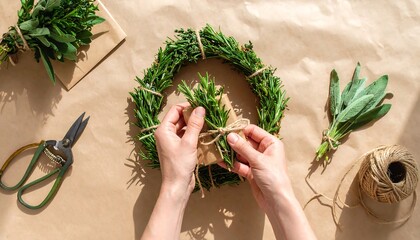 Woman's hands crafting a rustic rosemary herb wreath with twine, natural light, overhead view. © PanoramaStudio