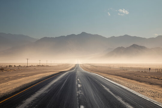 
Desert highway vanishing into heat waves 